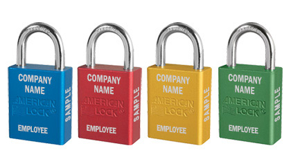 Four colors of padlocks with custom company name and employee name engraving