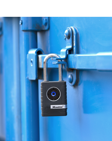 Master Lock bluetooth outdoor padlock on steel door.